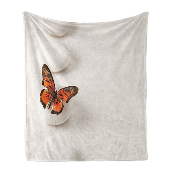 Spa Soft Flannel Fleece Throw Blanket, Plain Pattern with Butterfly and Rocks Wellness Purity Healing Serenity Bohemian, Cozy Plush for Indoor and Outdoor Use, 60" x 80", White Orange, by Ambesonne