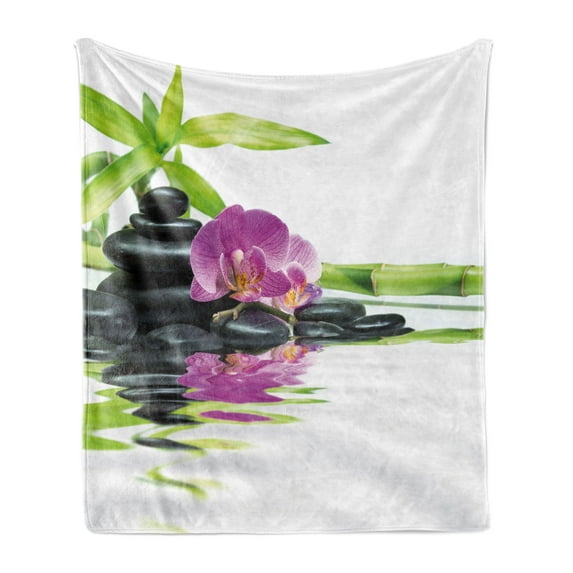 Spa Soft Flannel Fleece Throw Blanket, Relaxation Ways Massage Stone Orchid and Bamboo Print, Cozy Plush for Indoor and Outdoor Use, 50" x 70", Purple Black, by Ambesonne
