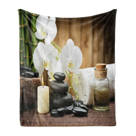 Spa Soft Flannel Fleece Throw Blanket, Relaxing Style Arrangement Stones Candle Flowers and Bamboo Art, Cozy Plush for Indoor and Outdoor Use, 50" x 70", White Green and Black, by Ambesonne