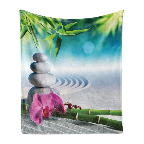 Spa Soft Flannel Fleece Throw Blanket, Sand Orchid and Massage Stones in Garden Sunny Day Yoga, Cozy Plush for Indoor and Outdoor Use, 70" x 90", Blue Fern Green Fuchsia, by Ambesonne