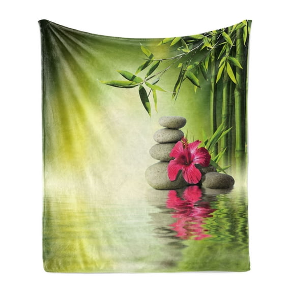 Spa Soft Flannel Fleece Throw Blanket, Stones and Bamboo Leaves on the Water Pool Freshness Relaxing Theme, Cozy Plush for Indoor and Outdoor Use, 50" x 60", Apple Green Magenta, by Ambesonne