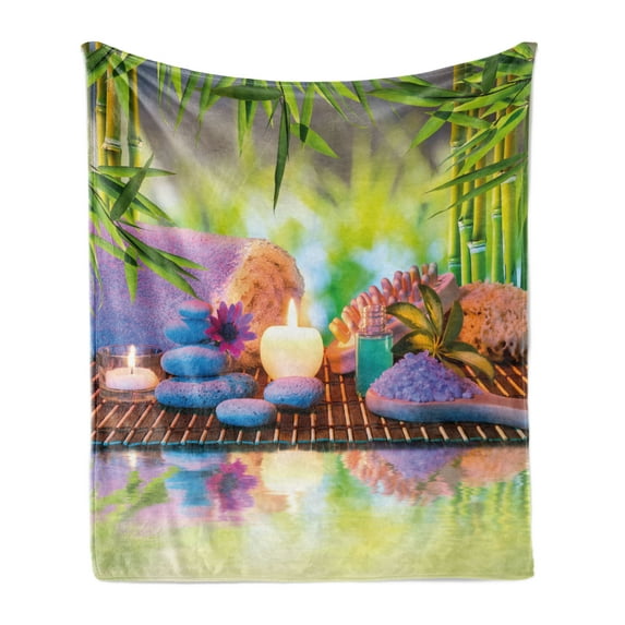 Spa Soft Flannel Fleece Throw Blanket, Stones Candles Eastern Yoga Relaxation Bamboos Print, Cozy Plush for Indoor and Outdoor Use, 60" x 80", Multicolor, by Ambesonne