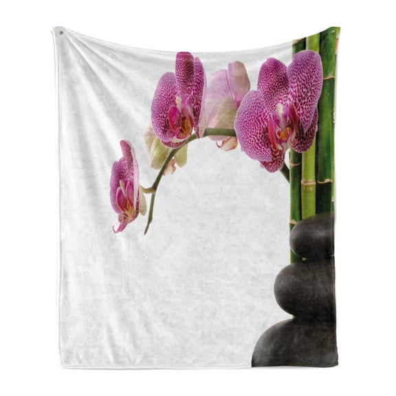 Spa Soft Flannel Fleece Throw Blanket, Spa Stones Orchid and Bamboo Stems Yoga Image, Cozy Plush for Indoor and Outdoor Use, 70" x 90", Fuchsia Green Grey, by Ambesonne