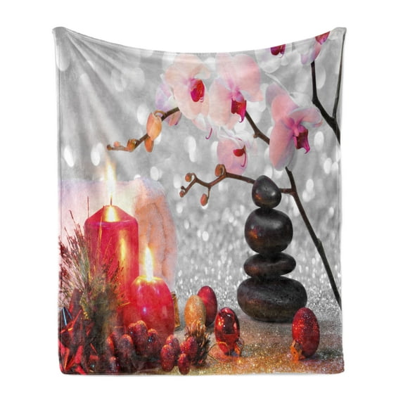 Spa Soft Flannel Fleece Throw Blanket, Winter Christmas Themed with Pink Orchid Stone and Red Candles Image, Cozy Plush for Indoor and Outdoor Use, 60" x 80", White Black Pink, by Ambesonne