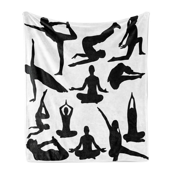 Spa Soft Flannel Fleece Throw Blanket, Yoga Postures Woman Body Relaxation Hobby Theme Hippie Print, Cozy Plush for Indoor and Outdoor Use, 70" x 90", Black White, by Ambesonne