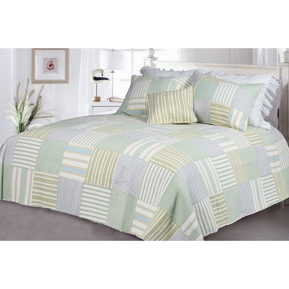 Spa Stripe's 100% Cotton 3PC Vermicelli-Quilted Striped Patchwork Quilt Set (King Size)
