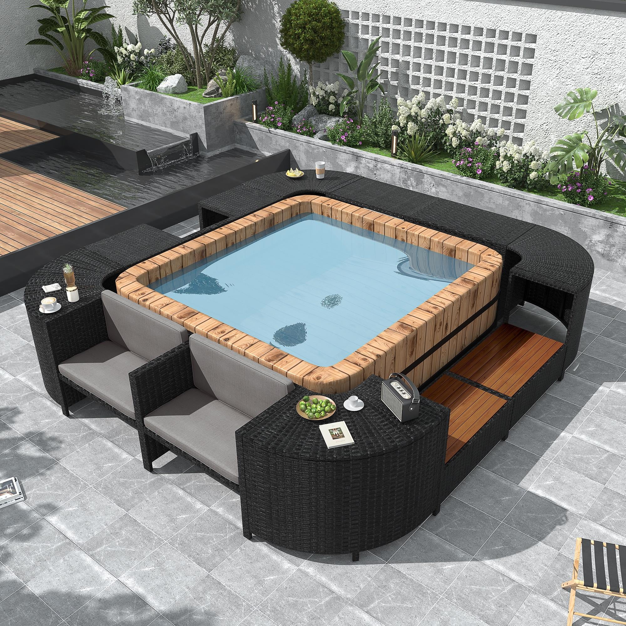 74'' Hot Tub Spa Surround Furniture, Rattan Sofa, Wood Bench, Cushioned