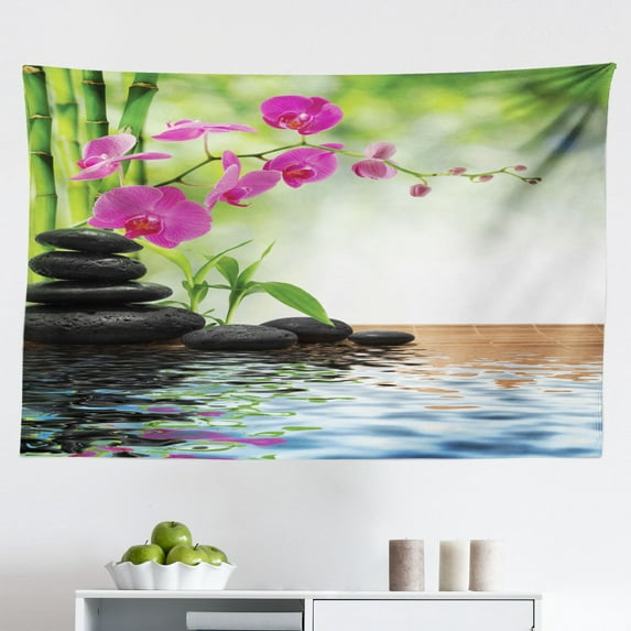 Spa Tapestry, Tower Stone and Hibiscus with Bamboo on The Water Blurry Background, Fabric Wall Hanging Decor for Bedroom Living Room Dorm, 2 Sizes, Blue Black, by Ambesonne