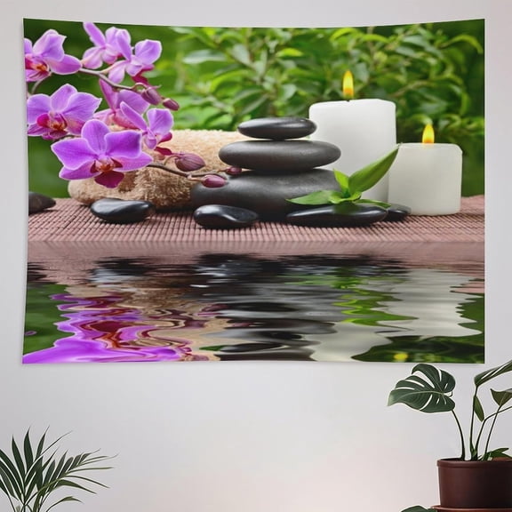 Spa Tapestry Wall Hanging Floral Zen Purple Waterfall Meditation Massage Stone Calm Tranquil Nature Tapestries Home Decor for Living Room Bedroom Farmhouse Kitchen Dorm 40"x60"