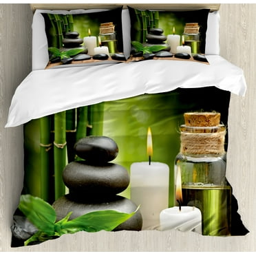 Spa Themed Duvet Cover Set, Exotic Rocks Candles and Landscape of Tropical Trees Print on Blurry Back, Decorative 3 Piece Bedding Set with 2 Pillow Shams, Calking Size, White Black Green, by Ambesonne