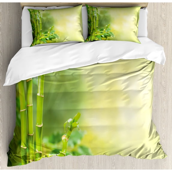 Spa Themed Duvet Cover Set, Green Nature Design Tree Branches and Bushes Wild Botanical Image, Decorative 3 Piece Bedding Set with 2 Pillow Shams, Queen Size, Pale Green and Green, by Ambesonne
