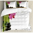 thumbnail image 1 of Spa Themed Duvet Cover Set, Orchid Flowers in Fuchsia Color Palette and Exotic Stones Image Print, Decorative 3 Piece Bedding Set with 2 Pillow Shams, Queen Size, Black Green and Pink, by Ambesonne, 1 of 3