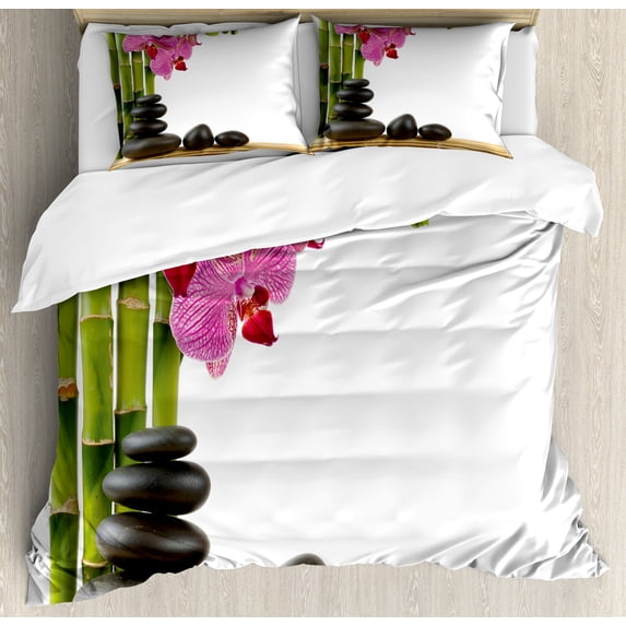 Spa Themed Duvet Cover Set, Orchid Flowers in Fuchsia Color Palette and Exotic Stones Image Print, Decorative 3 Piece Bedding Set with 2 Pillow Shams, Queen Size, Black Green and Pink, by Ambesonne