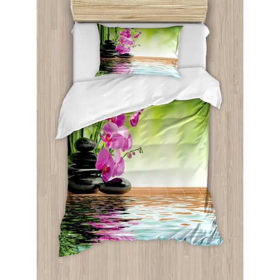 Spa Themed Duvet Cover Set, Orchid Flowers Pebble Stones and Exotic Branches on the Water Image, Decorative 2 Piece Bedding Set with 1 Pillow Shams, Twin Size, Fern Green and Fuchsia, by Ambesonne