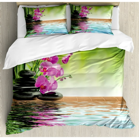 Spa Themed Duvet Cover Set, Orchid Flowers Pebble Stones and Exotic Branches on the Water Image, Decorative 3 Piece Bedding Set with 2 Pillow Shams, King Size, Fern Green and Fuchsia, by Ambesonne