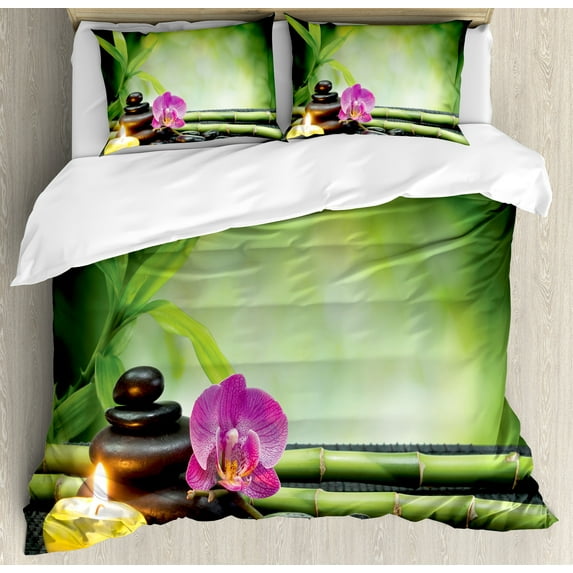Spa Themed Duvet Cover Set, Orchid Petal Leaves Stones Japanese Aura Elements Closeup Photo, Decorative 3 Piece Bedding Set with 2 Pillow Shams, Calking Size, Apple Green and Fuchsia, by Ambesonne