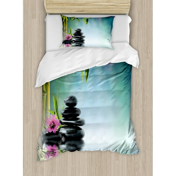 Spa Themed Duvet Cover Set, Tower Stone and Hibiscus with Branches on Water Blurry Background, Decorative 2 Piece Bedding Set with 1 Pillow Shams, Twin Size, Petrol Blue Lime Green, by Ambesonne