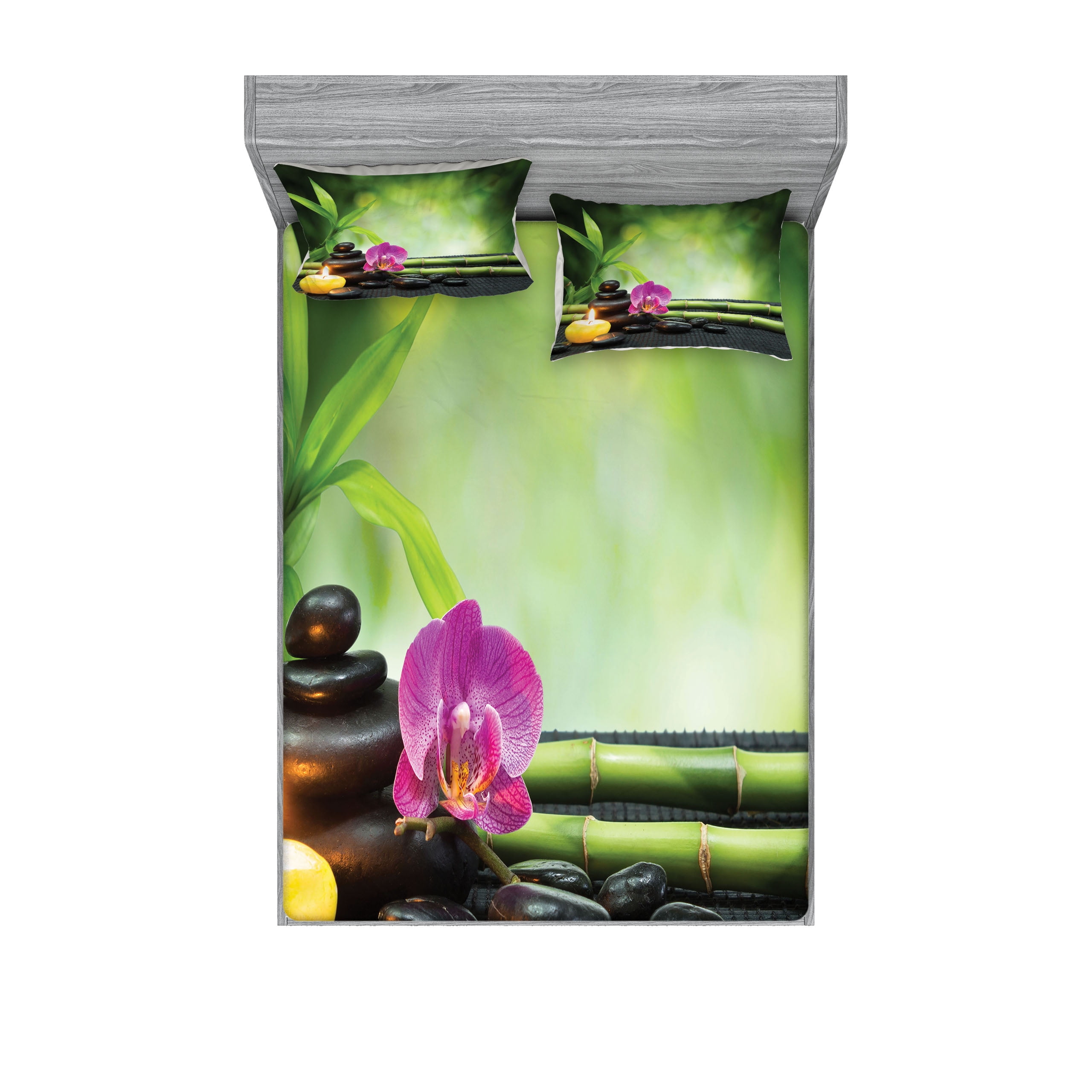 Spa Themed Fitted Sheet & Pillow Sham Set, Orchid Petal Leaves Stones