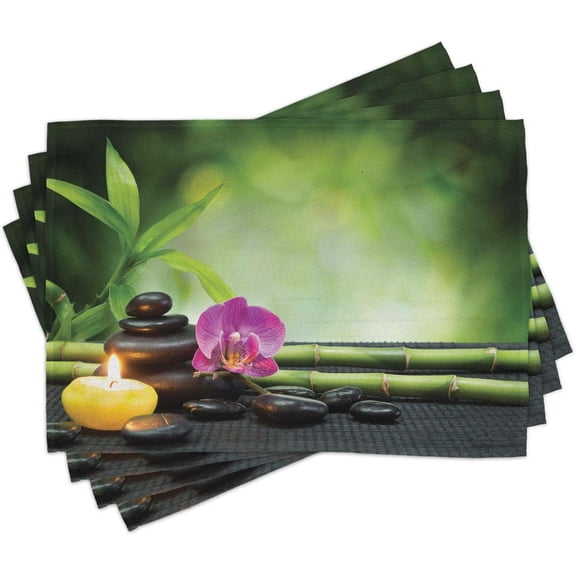 Spa Themed Place Mats Set of 4, Orchid Petal Leaves Stones Japanese Aura Elements Closeup Photo, Washable Fabric Placemats for Dining Table, Standard Size, Apple Green and Fuchsia