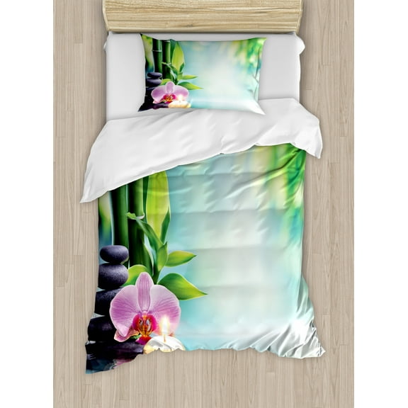 Spa Twin Size Duvet Cover Set, Symbolic Spa Features with Candle and Bamboos Tranquil and Thoughtful Life Nature Print, Decorative 2 Piece Bedding Set with 1 Pillow Sham, Multicolor, by Ambesonne