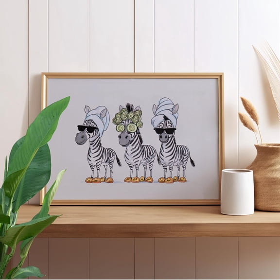 Spa Zebras Cartoon Wall Art, Cute Quirky Bathroom Decor, Unframed Paper Print Size 12x18