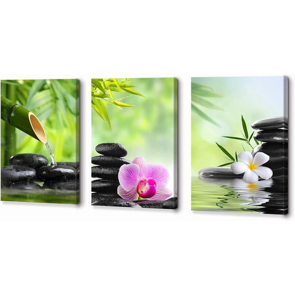 Spa Zen Wall Art Canvas Art Decor SPA Stone Green Bamboo Pink Waterlily Frangipani Flower Pictures Prints on Canvas Contemporary Spa Zen for Bathroom Spa Decor Framed Green 12" x 16" 3 Pieces
