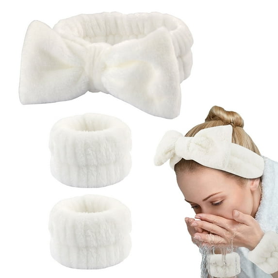Spa headband for washing face and matching wrist strap, fuzzy skin care headband for teenagers and girls, soft facial makeup headband for children - set 1
