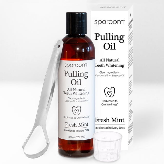 SpaRoom Ayurveda Pulling Oil Mouthwash and Tongue Scraper with Coconut Oil and 7 Essential Oils, Fresh Mint, 8 Fl. Oz