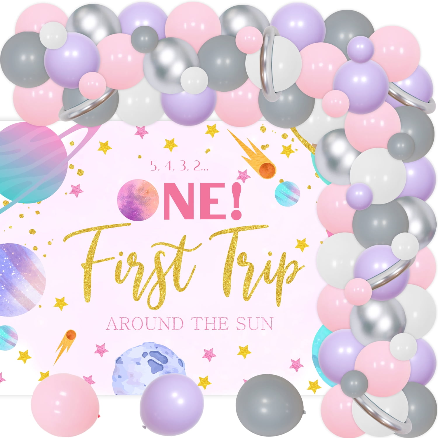 Space 1st Birthday Party Decorations,5432 One First Trip Around the Sun Background，Pink Theme Balloon Arch Kit and Sliver Moon Star Foil Balloon for Boy or Girl Space Themed Party Supplies.