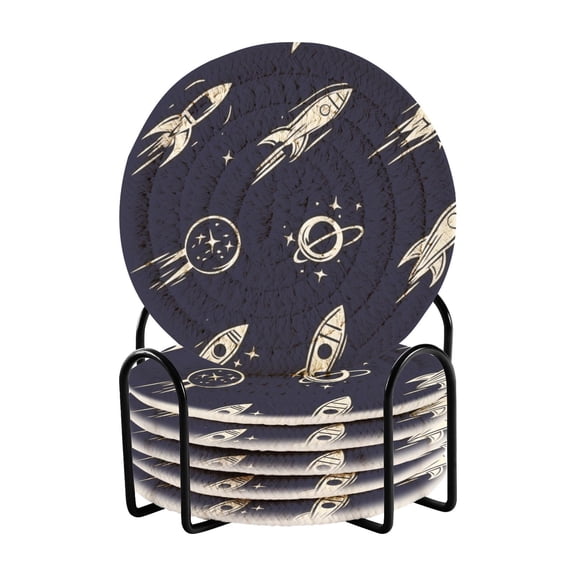 Space Adventure 4in Bar Coasters Set of 6 with Storage Rack Durable Heat Resistant