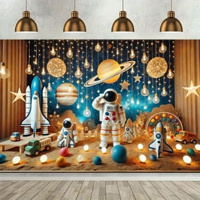 Space Adventure Backdrop Astronauts Rockets Planets Boy 1st Birthday Universe Party Photography Background Boy Girl Baby Shower Background Studio Props