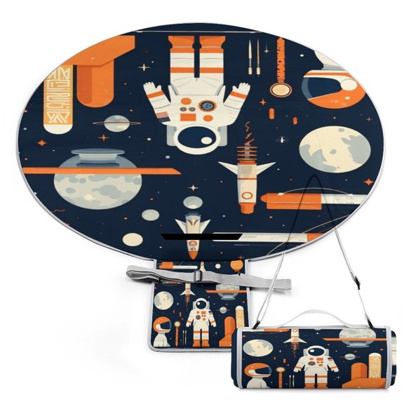 Space Adventure Elements Large Round Picnic Outdoor Blanket,Waterproof Foldable Blankets Picnic Mat for Beach, Camping