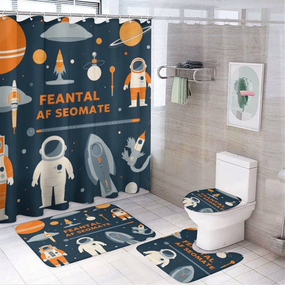 Space Adventure Icons Set-1 Shower Curtain Sets Non-Slip Rugs Bath Mat Toilet Cover U Shaped Mat 4 Pcs