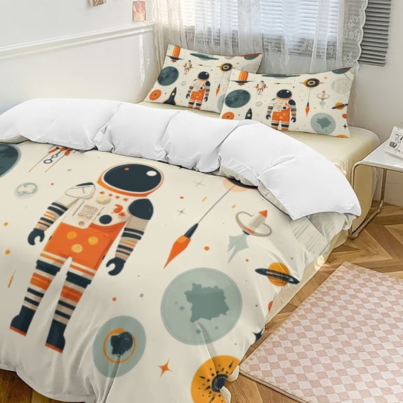 Space Adventure Icons Set-2 Duvet Cover Set Themed Multicolor Polyester Bedding Set for Bedroom Decoration