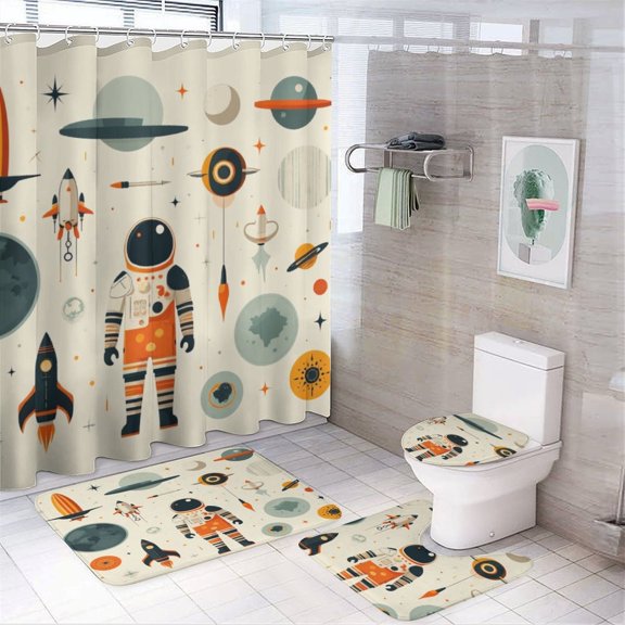 Space Adventure Icons Set-2 Shower Curtain Sets Non-Slip Rugs Bath Mat Toilet Cover U Shaped Mat 4 Pcs
