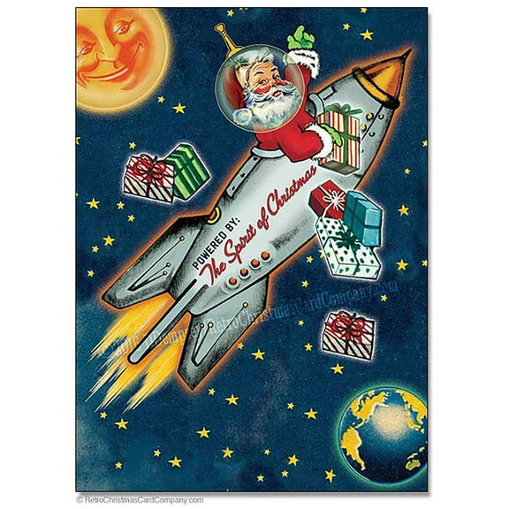 Space Age Santa Christmas Cards | Retro Rocket Xmas Cards | Package of 8
