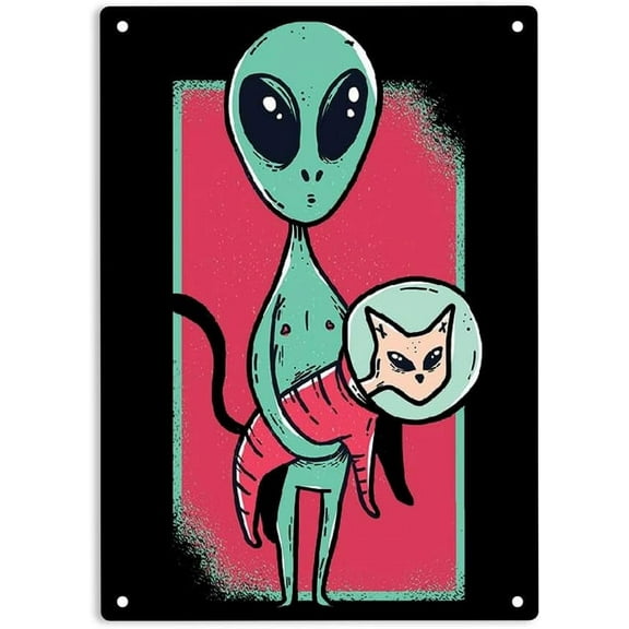 Space Alien Cute Cat Sign Metal Tin Sign, Outer Space Poster for Home Office Bedroom Bars Pub Man Cave Wall Decor Plaque Sign 12x8 Inch