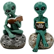 Space Alien Statues 2 Pack, UFO Alien Figure Coffee Bar Decor, Resin Alien Reading & Drinking Coffee Figurines for Home Desk Office Decoration, Birthday Graduation Gift