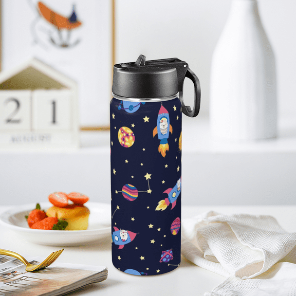 Space Alpaca Llama Rocket Print Thermos | 18oz Double-Walled Insulated 304 Stainless Steel Water Bottle , Back To School Water Tumbler