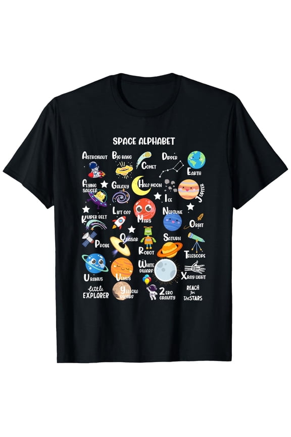 Space Alphabet" Men's & Women's Cotton T-Shirt - Comfy Crew Neck, Short Sleeve with Colorful Space-Themed Graphics, Ideal for Casual Wear & Educational Fun, Astronaut Decor