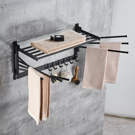 Space Aluminum Anti-Rust Wall Mounted Towel Rack w/ Movable Hook & 7 Swing Arms Bathroom Towel Rack Space Aluminum Wall-Mount Holder Hanging Shelf w/ Swing Arms Wall Mounted Towel Rack Holder
