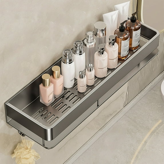 Space Aluminum Bathroom Shelf | Gray Wall-Mounted Storage Rack with Hooks for Towels & Toiletries | 30x12.5x5.5cm