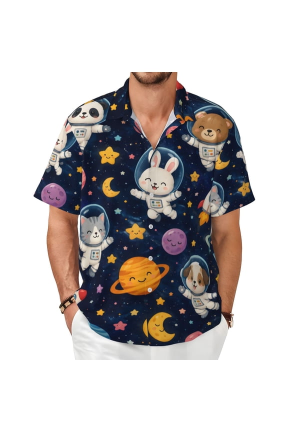 Space Animals Men's Shirts Short-Sleeved with All-Over Prints Button-Up Shirts