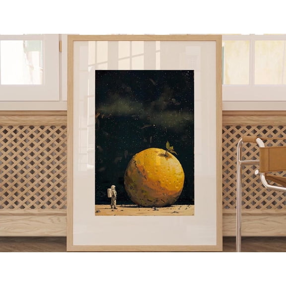Space Art Print Astronaut and Giant Orange, Stretched Canvas 8x10in