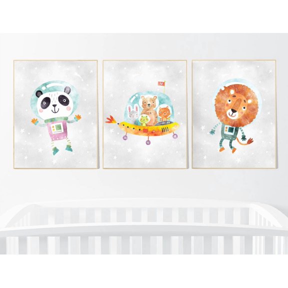 Space Astronaut Animals Nursery Wall Art Prints, Rocket Ship, Nursery And Gallery Wall Decor