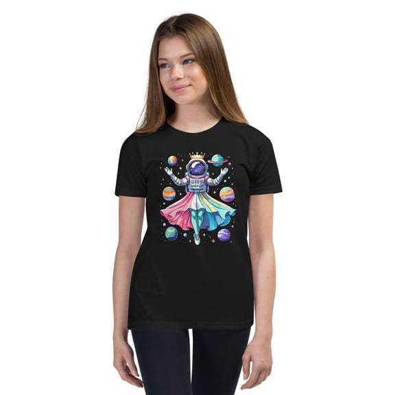 Space Astronaut & Ballerina Shirt for Girls – Inspiring Dance & Science Graphic Tee, Youth Short Sleeve T-Shirt (Black, S)