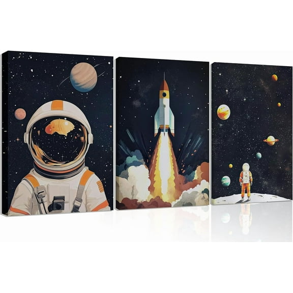 Space Astronaut Canvas WallCute Astronaut Nursery Galaxy Posters Modern Space Themed Print Rocket Pictures Toddler Boy Room Wall Decor for Adventure Kids Bedroom Nursery Roomd