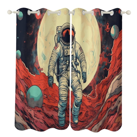 Space Astronaut Cartoon Curtains Aesthetic Envrionmental Friendly Picture, Living Room Bedroom Window Drapes 2 Panel Set