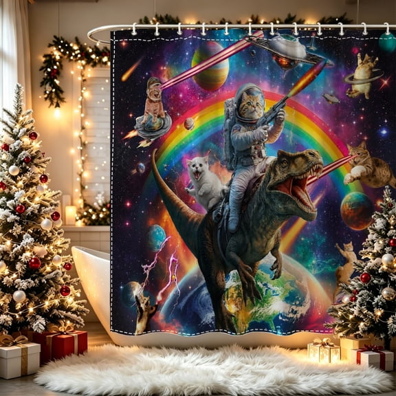 Space Astronaut Cat Riding Dinosaur Print Shower Curtain (70.8x70.8inch), Sci-Fi Dino Astronaut Kitty Creative Bathroom Curtain