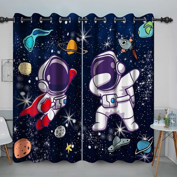 Space Astronaut Curtains, Cartoon Rocket Planet Outer Space Window Drapes with Grommets for Bedroom 26"W x 45"L (Pack of 2)